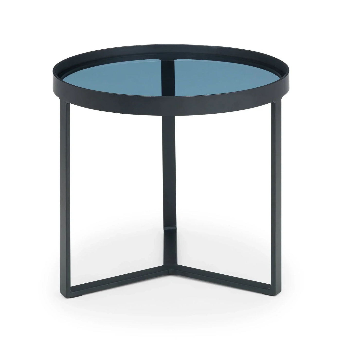 Round smoked glass lamp table with black metal frame on white background