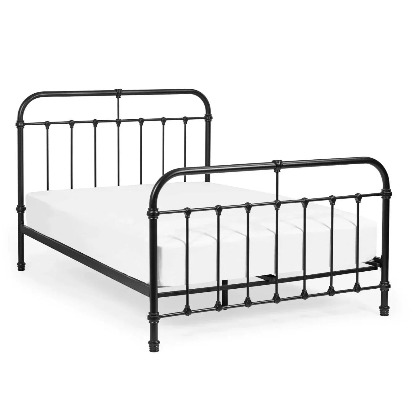 Black metal bed frame with vertical bars and white mattress, angled front view
