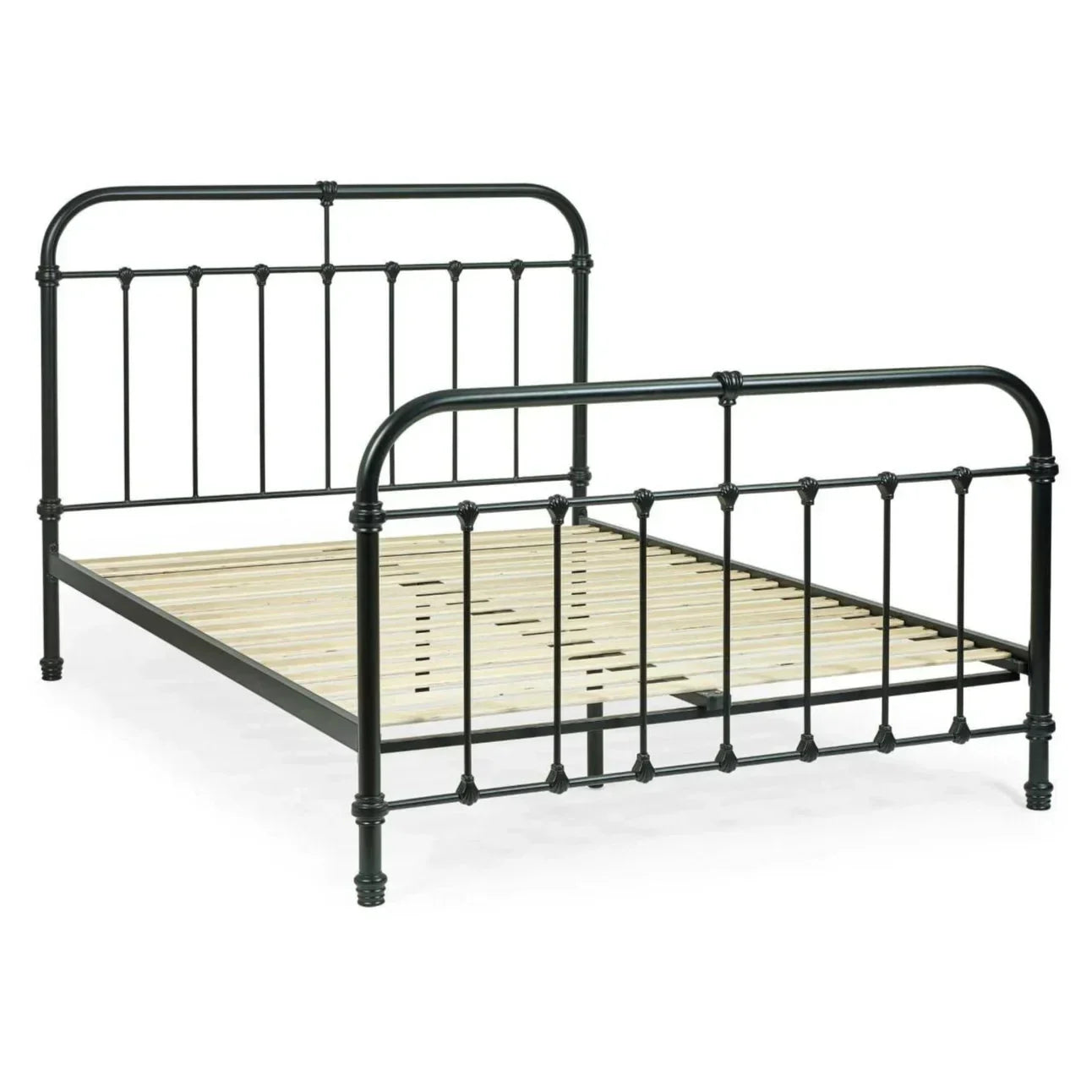 Black metal bed frame with vertical slats and high headboard on white background