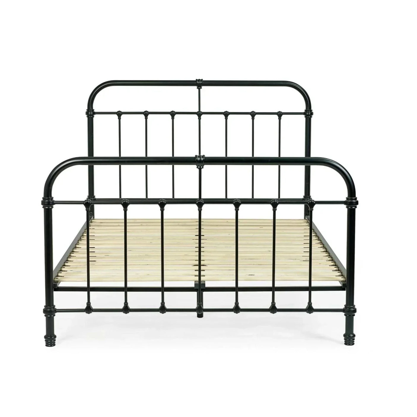 Black metal bed frame with vertical slats and wooden slatted base, front view