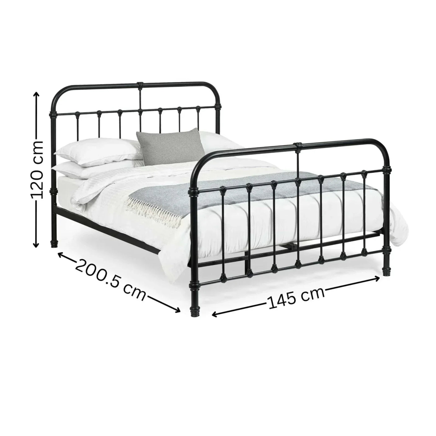 Black metal bed frame with headboard and footboard, shown with dimensions and bedding