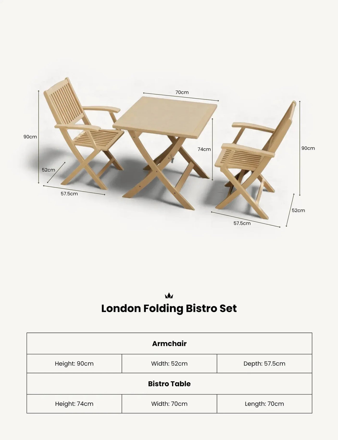 London folding bistro set with two wooden armchairs and square table, measurement details shown