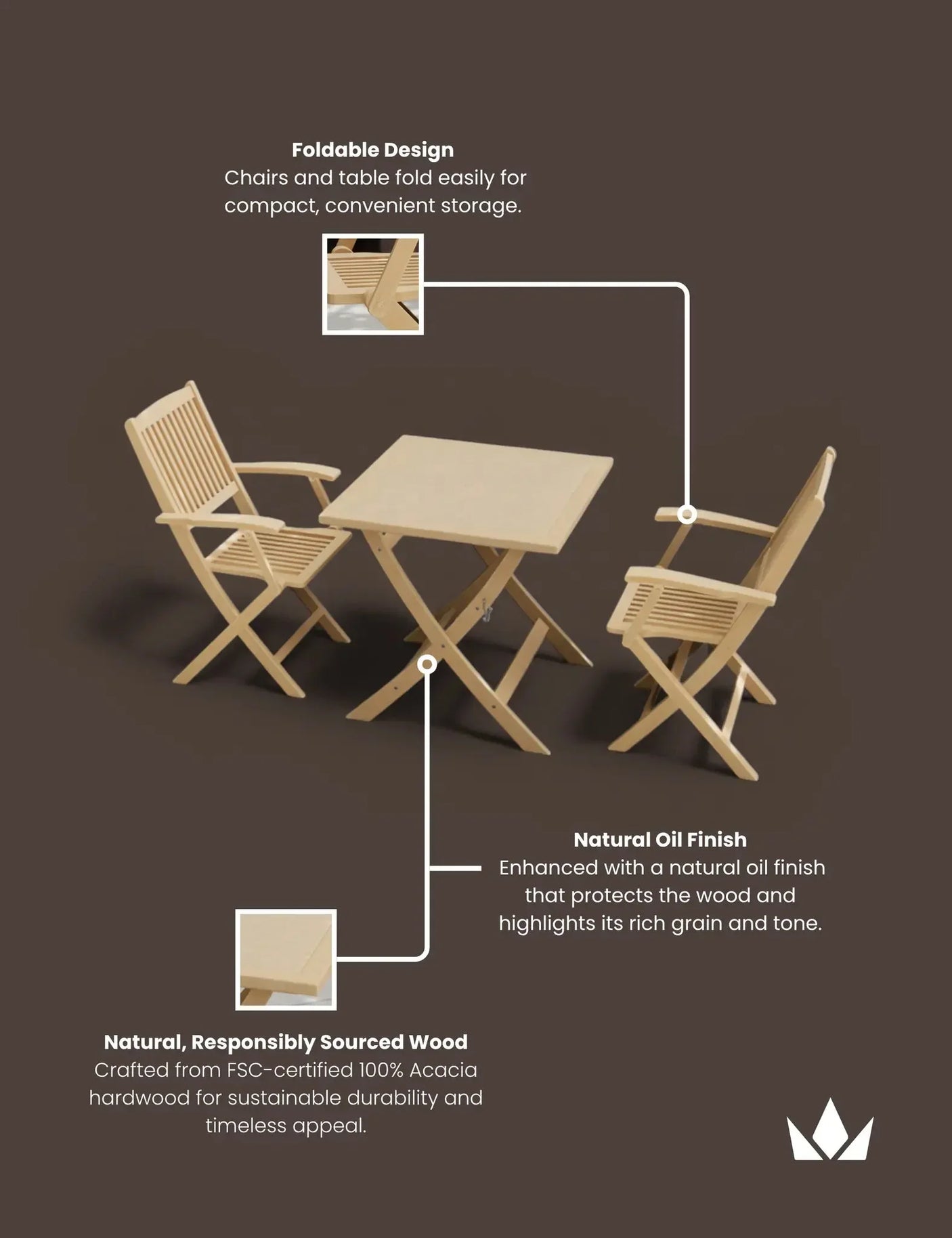 Acacia wood folding garden bistro set with slatted chairs and square table