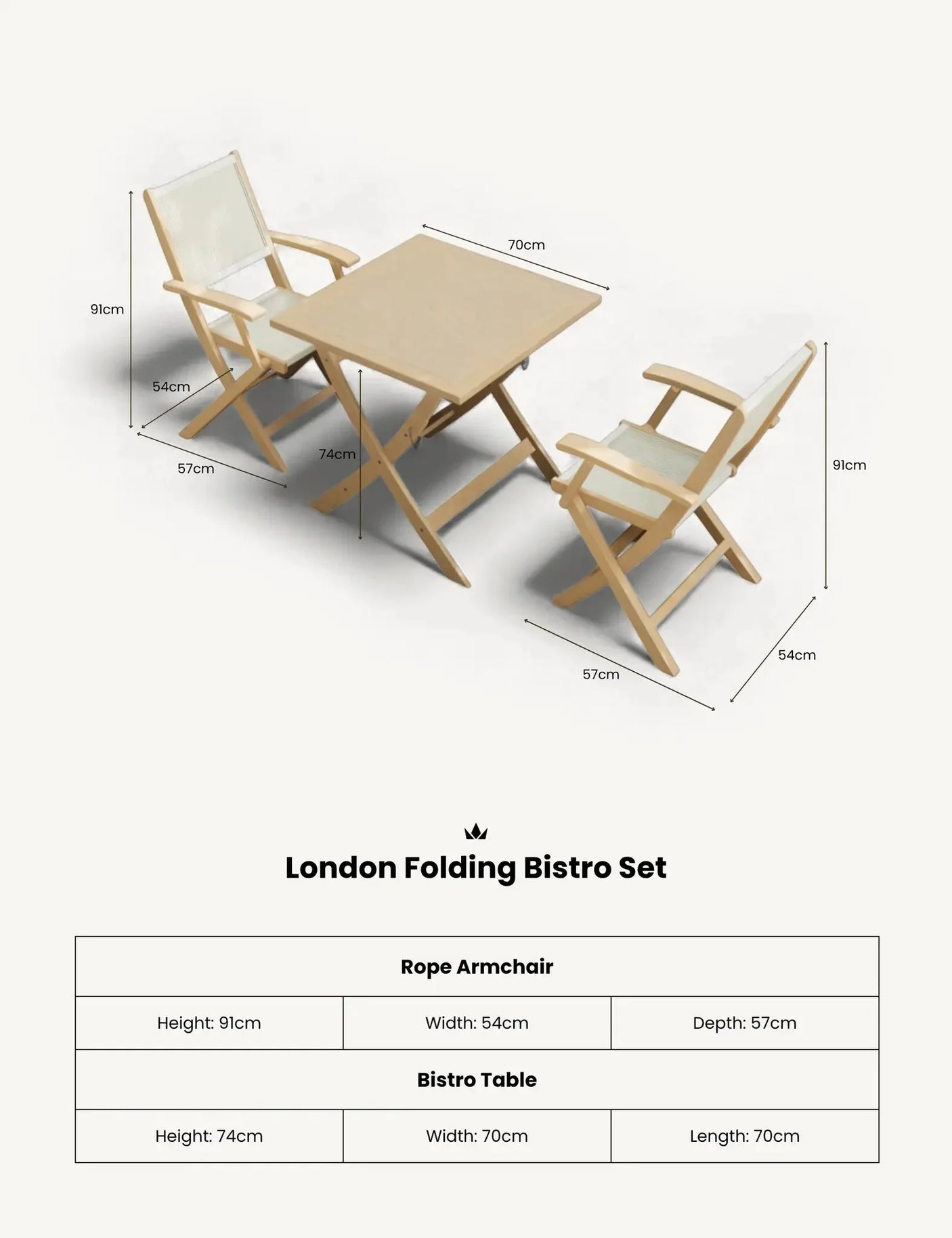 London folding bistro set with square table and two beige rope armchairs, dimension lines shown