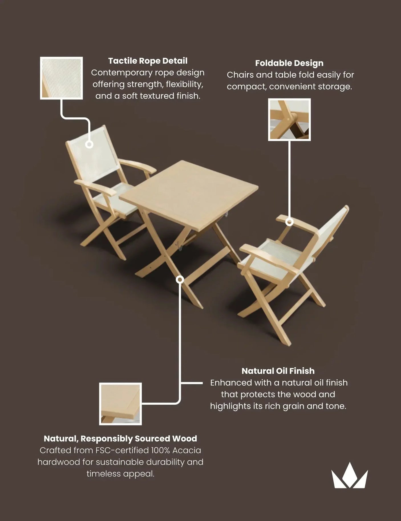 Acacia wood foldable bistro set with rope detail chairs and square table, natural finish