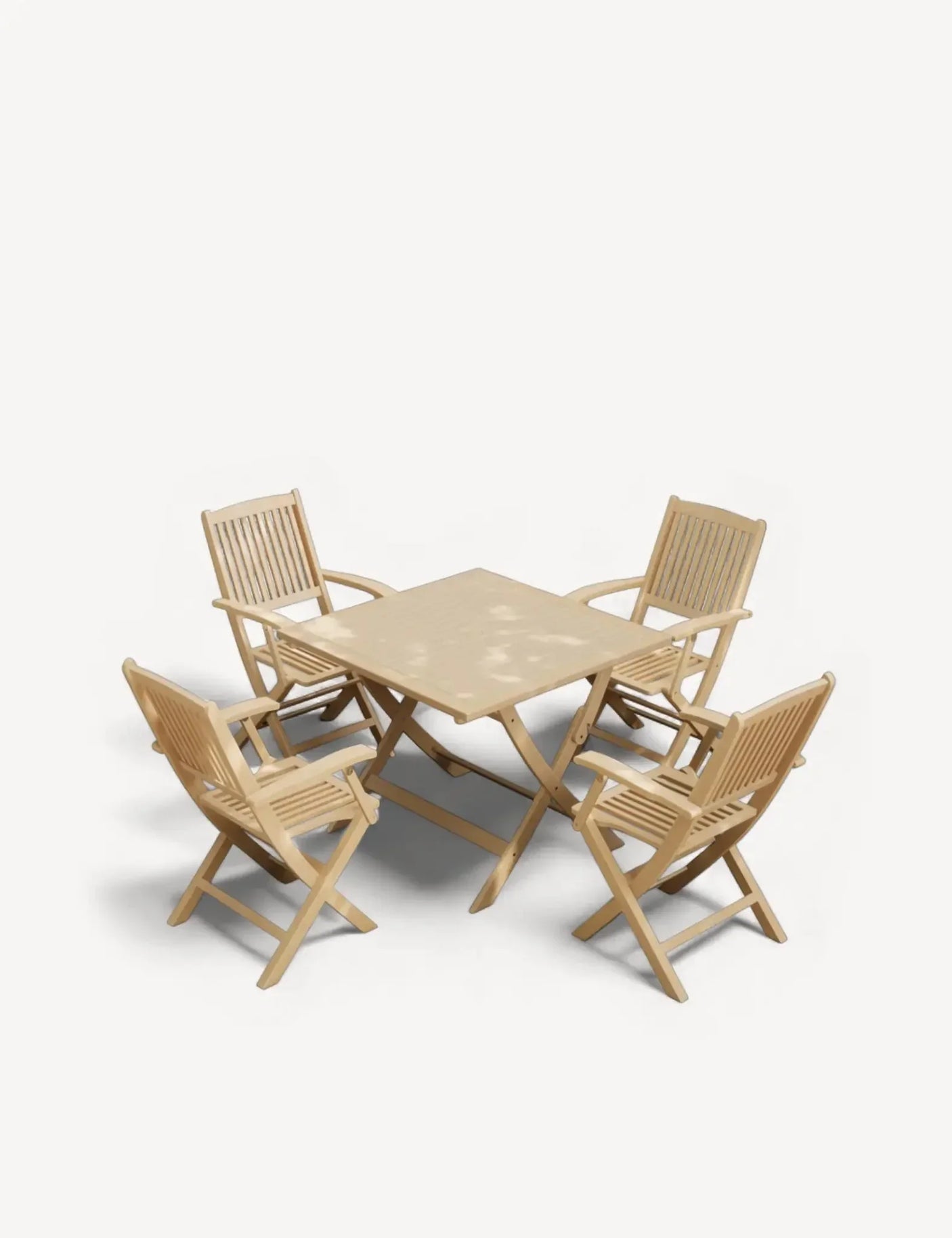 Light wood outdoor dining set with square table and four slatted folding chairs