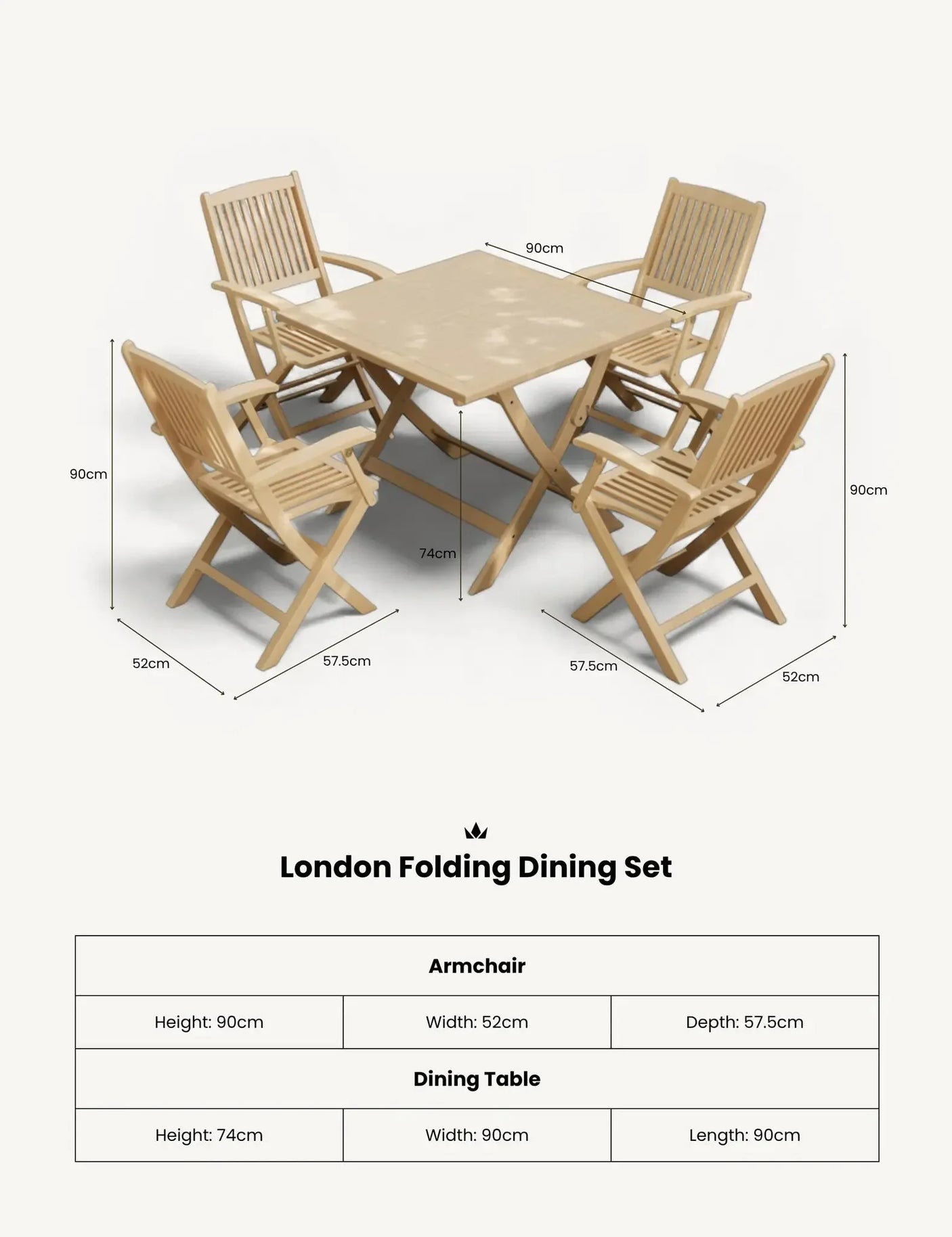 London folding dining set with four wooden armchairs and square table, measurements shown