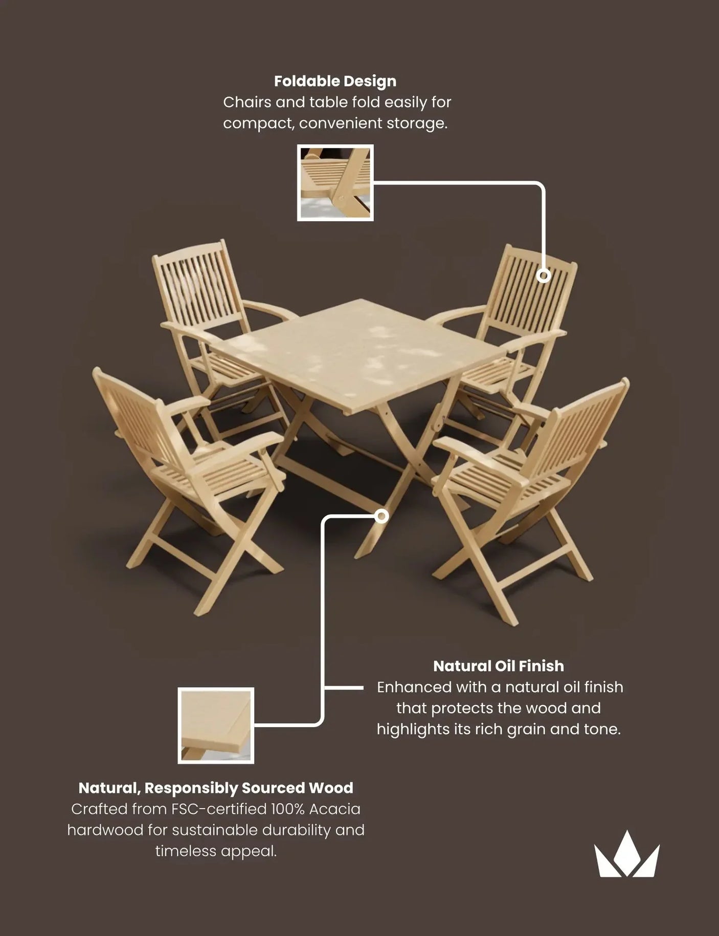 Acacia wood outdoor dining set with foldable chairs and table, natural oil finish