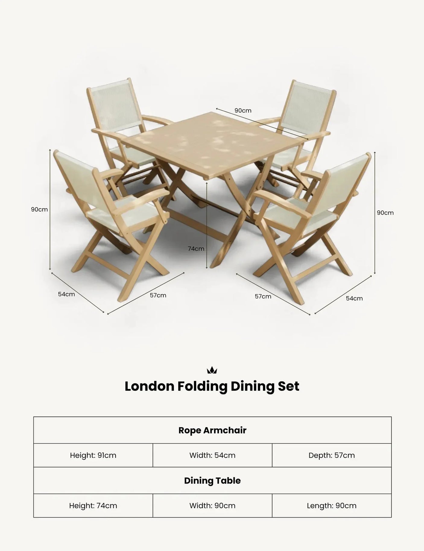 London folding dining set with four beige rope armchairs and square 90cm table, dimensions shown