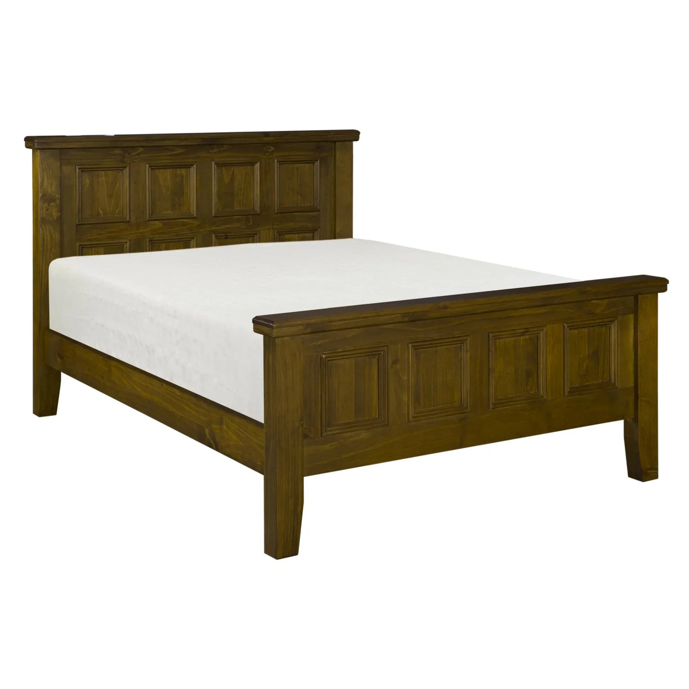 Wooden bed frame with paneled headboard and footboard, white mattress, angle view