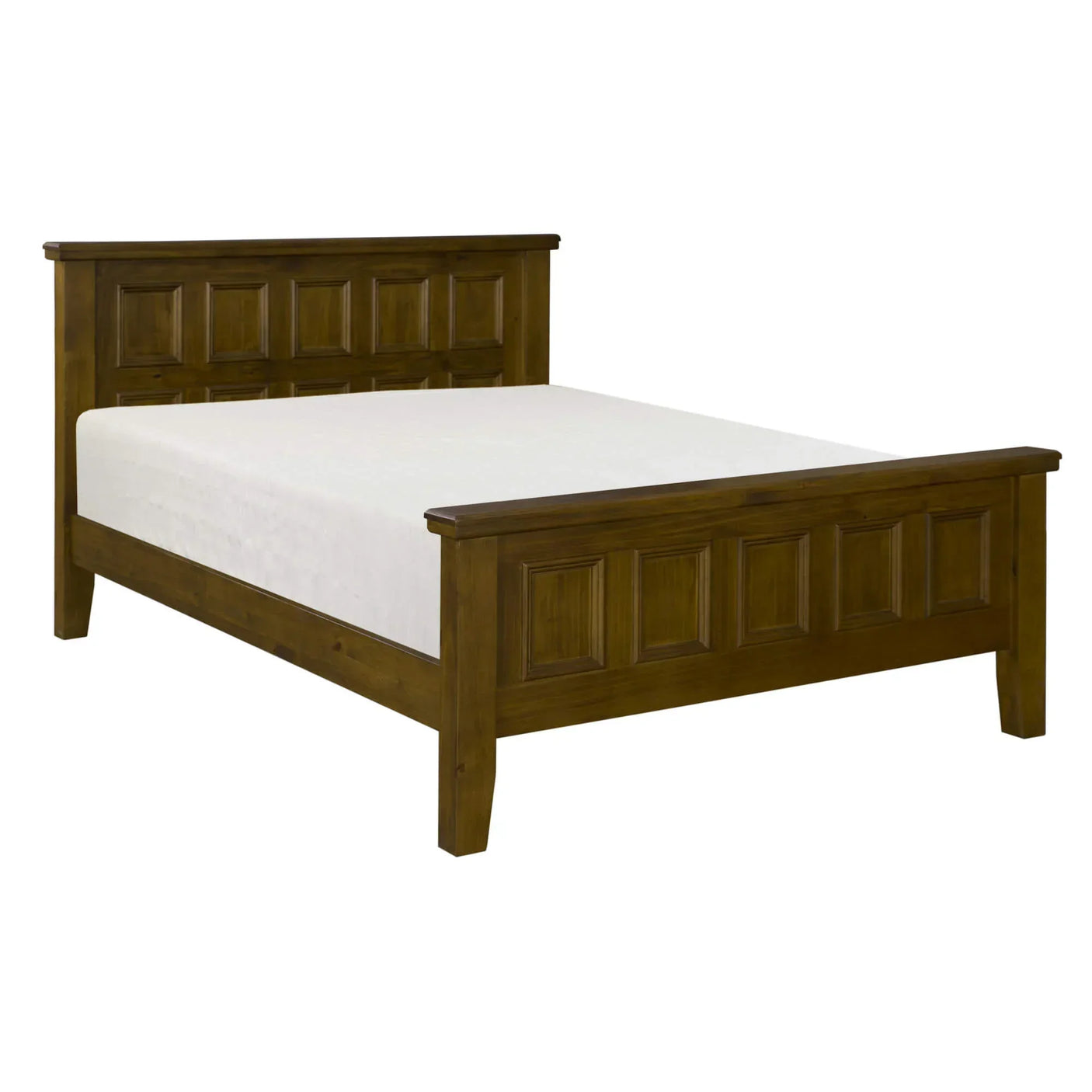 Solid wood bed frame with paneled headboard and footboard in a dark oak finish