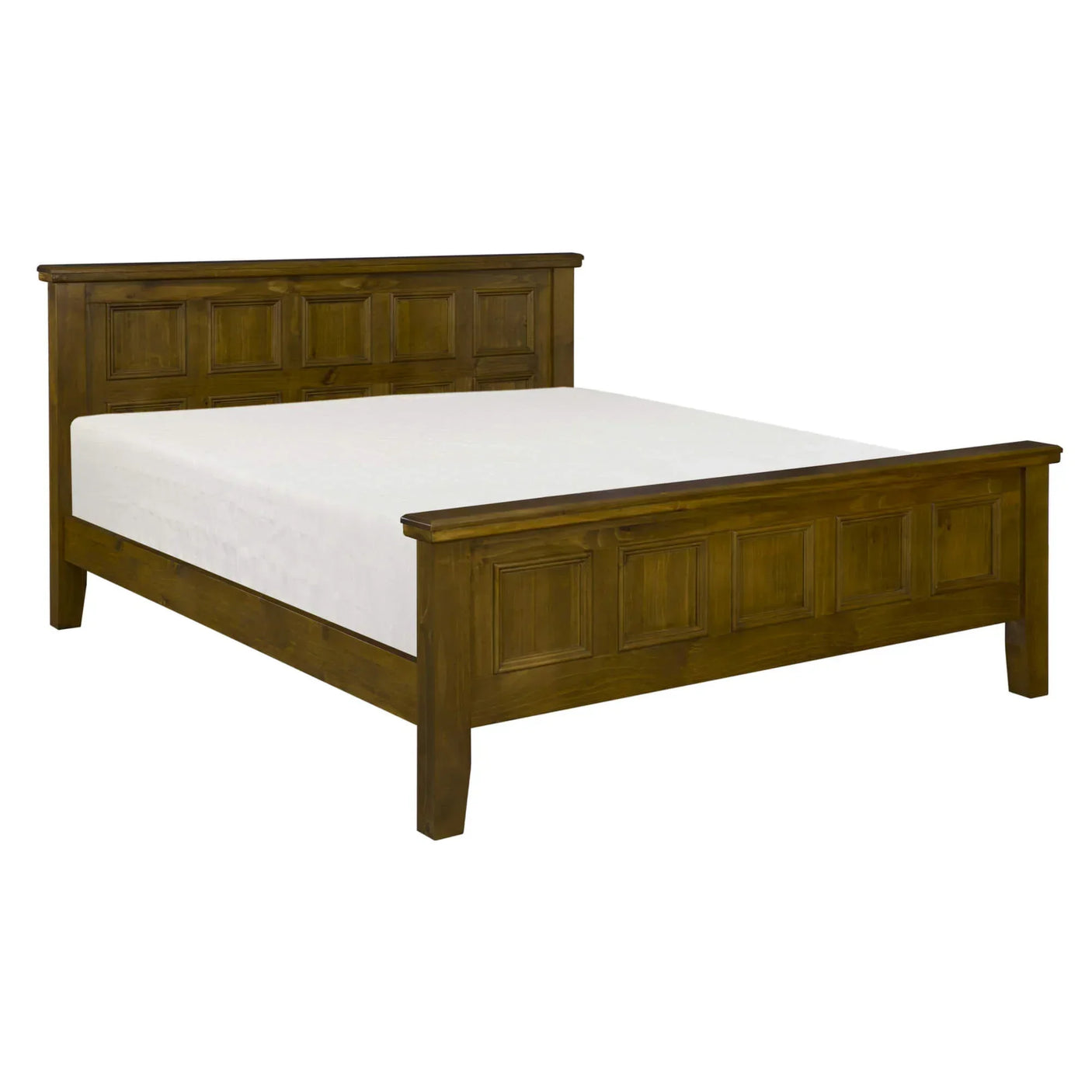 Wooden bed frame with paneled headboard and footboard in medium brown finish