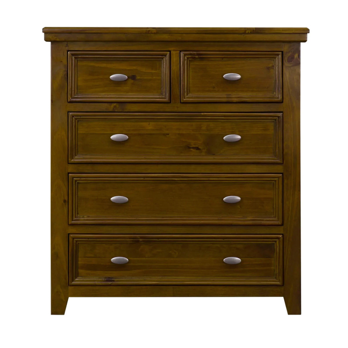 Wooden chest of drawers with five drawers and silver handles, front view