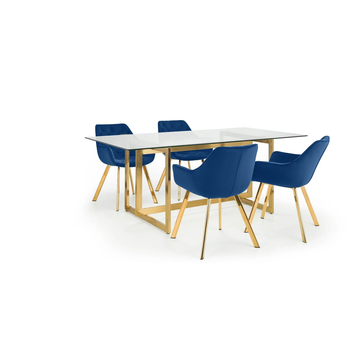 Blue velvet dining chairs with gold legs around a glass dining table
