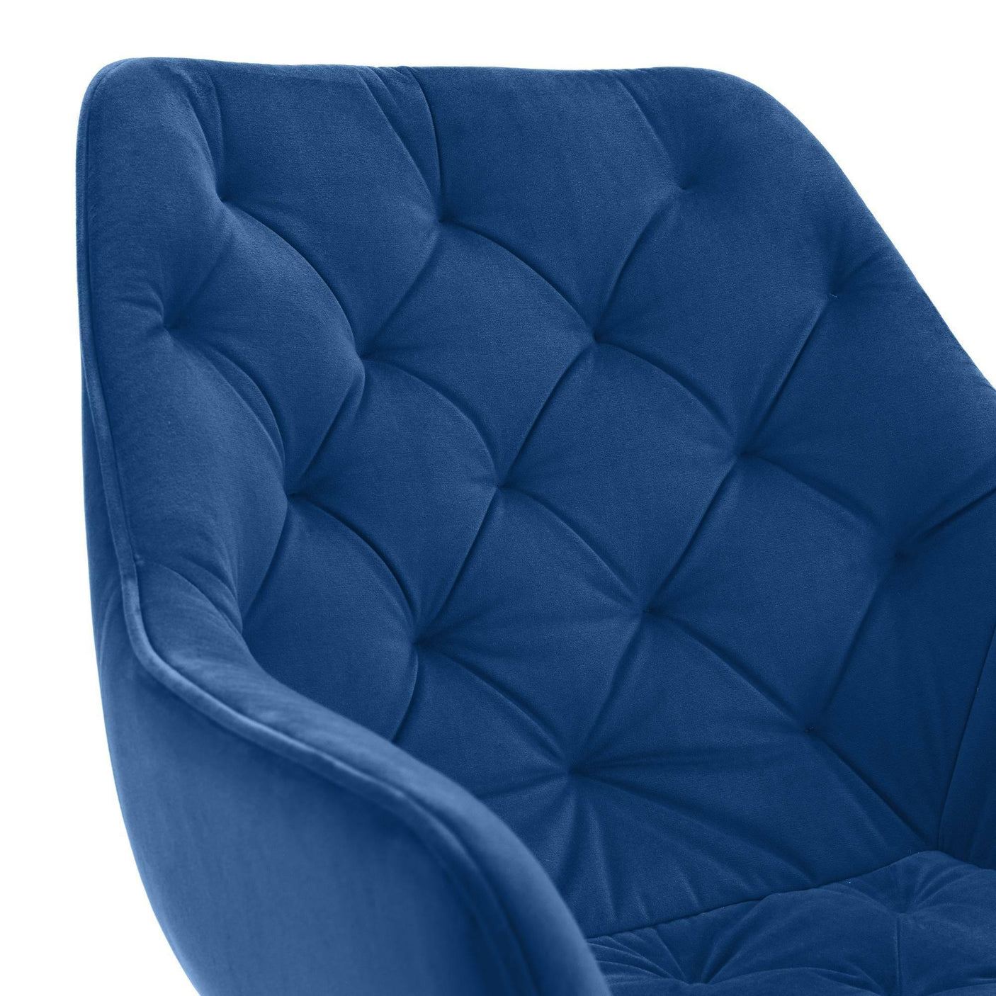 Blue dining chair with tufted upholstery and curved backrest, close-up detail view