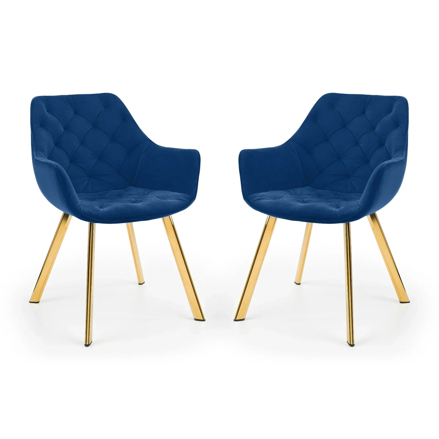 Pair of blue velvet dining chairs with gold metal legs, tufted seat and backrest