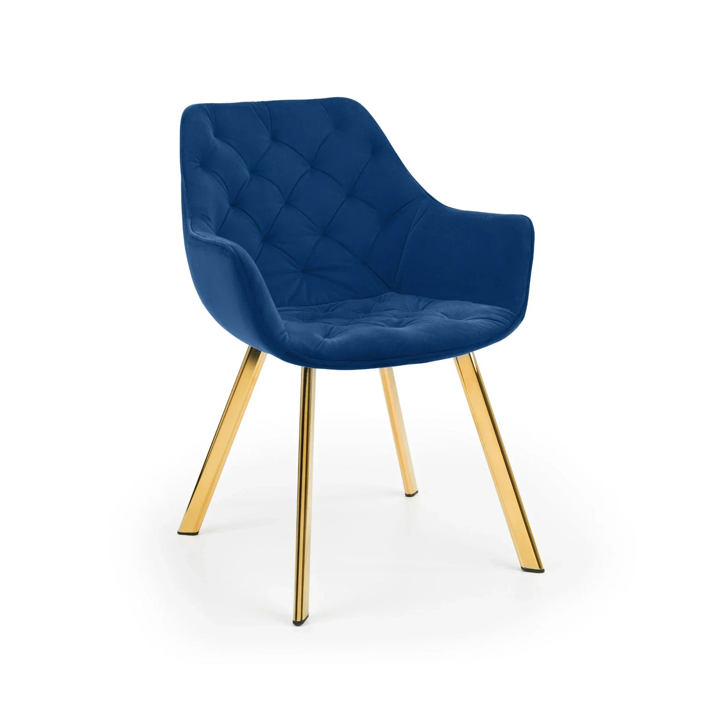 Blue velvet accent chair with diamond tufting and gold metal legs, angled front view