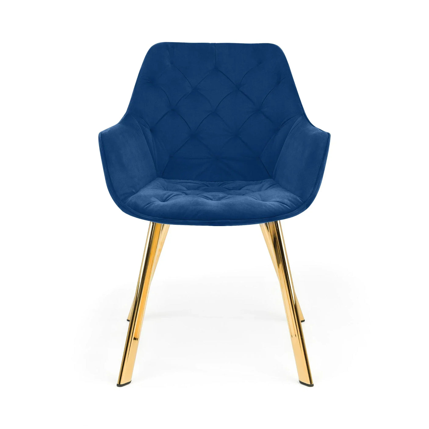 Blue velvet accent chair with gold metal legs, front angle view
