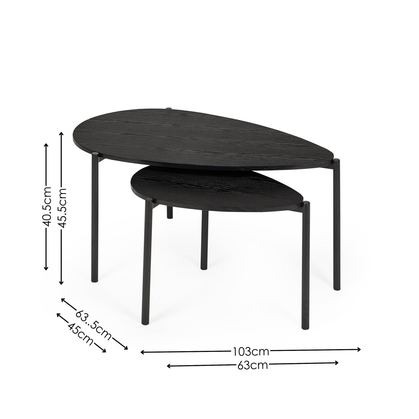 Two black teardrop nesting tables shown with dimensions on a white background.