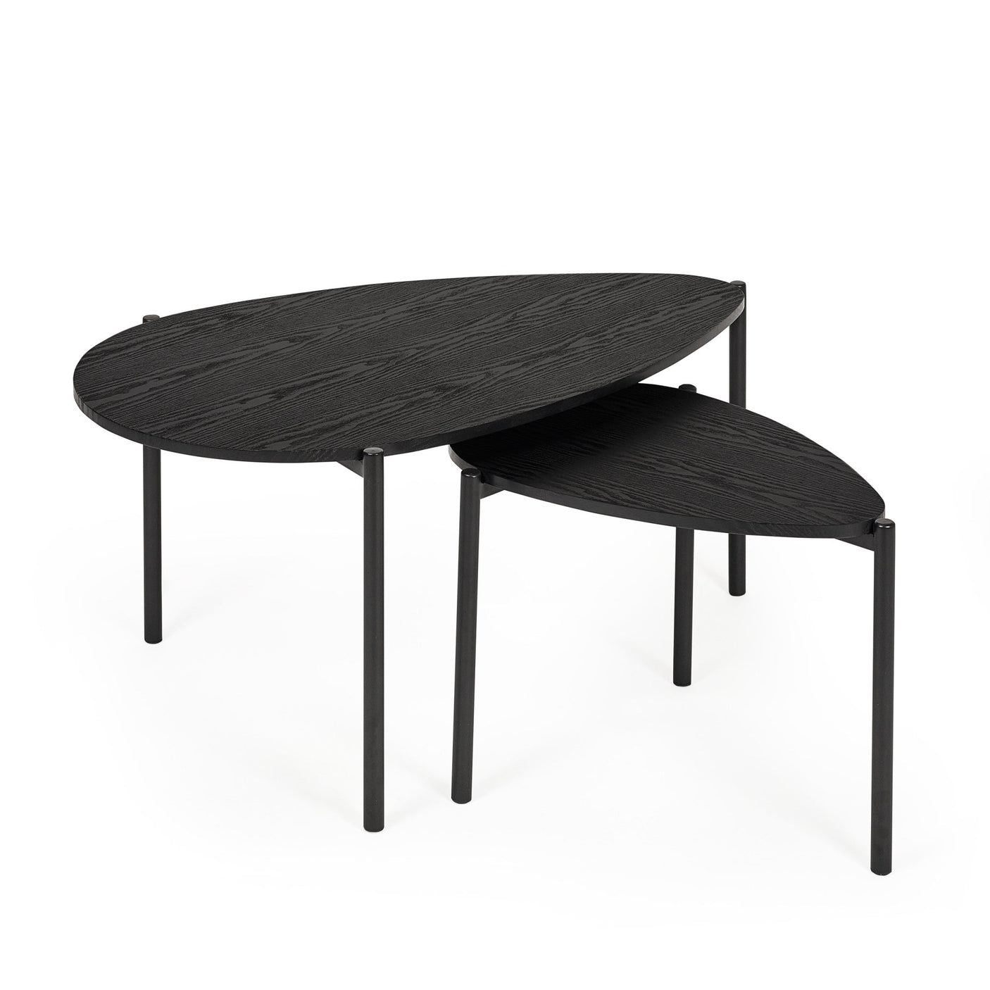 Side angle isolated view of black wood teardrop nesting coffee tables with three metal legs each