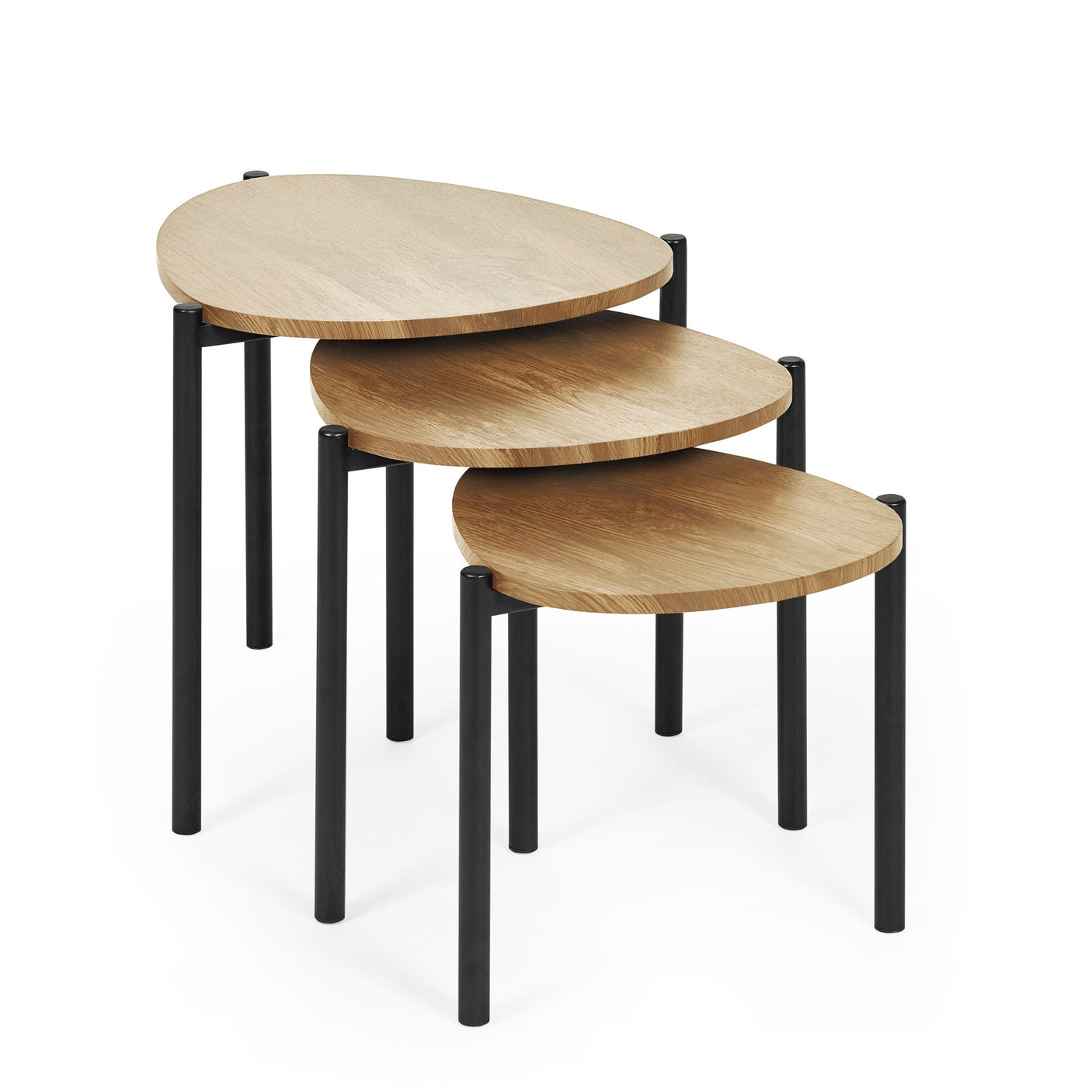 Set of three teardrop side tables with light wood tops stacked spaced apart on white background.
