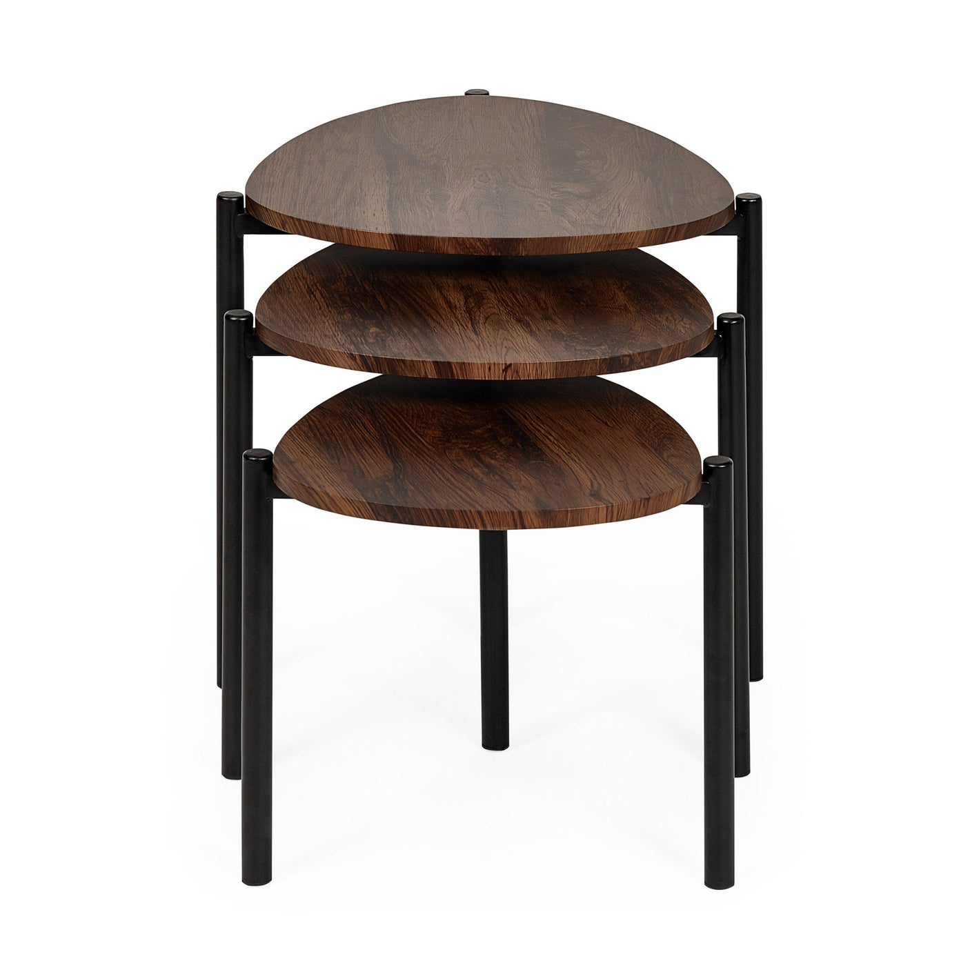 Close-up of dark wood tabletops and black metal legs on three teardrop nesting side tables set on white rug.
