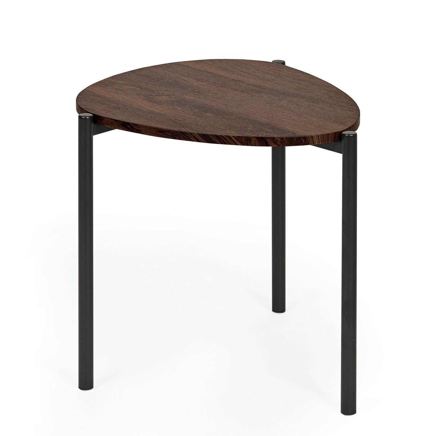 Single teardrop-shaped side table with dark wood top and black metal legs, angled view on white background