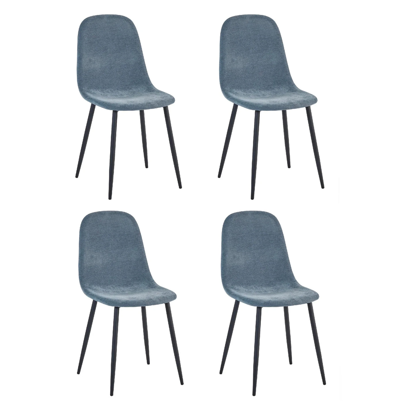 Set of four blue fabric dining chairs with black metal legs on white background