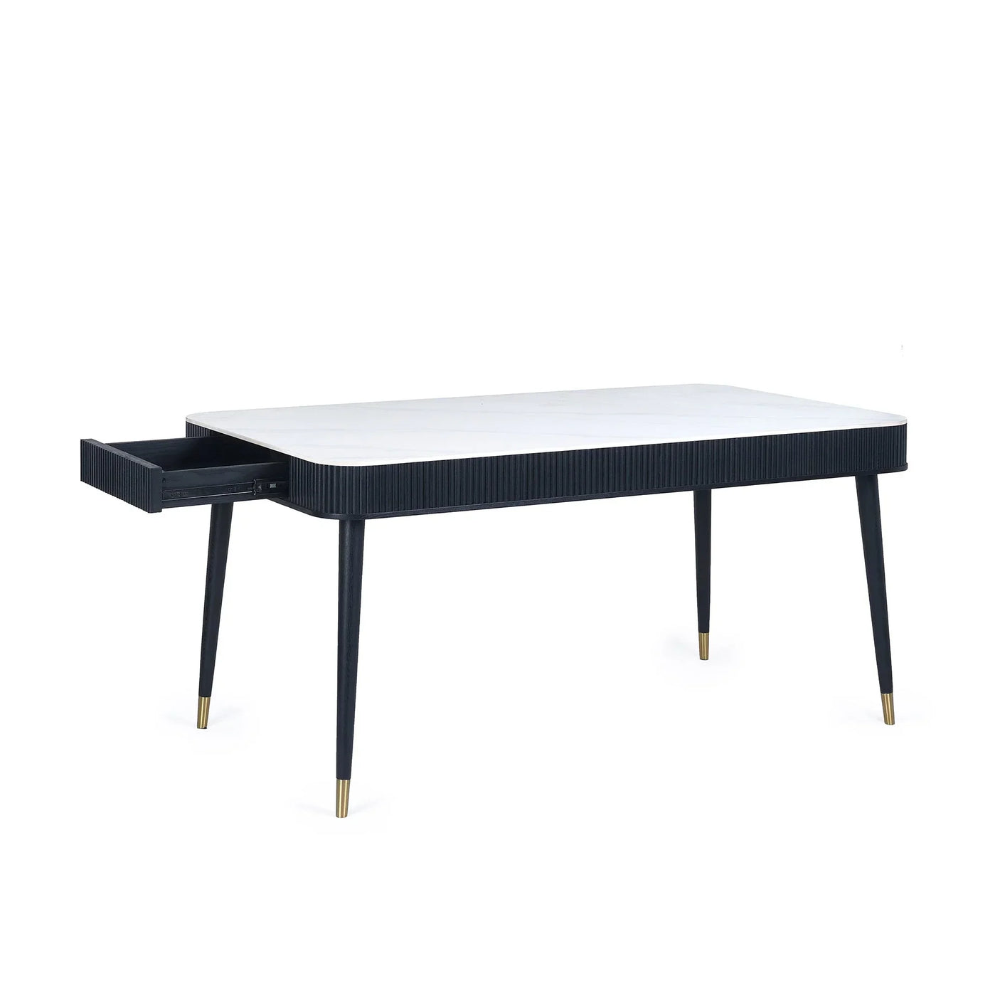 Black fluted stone top dining table with drawers and gold-tipped legs on white background