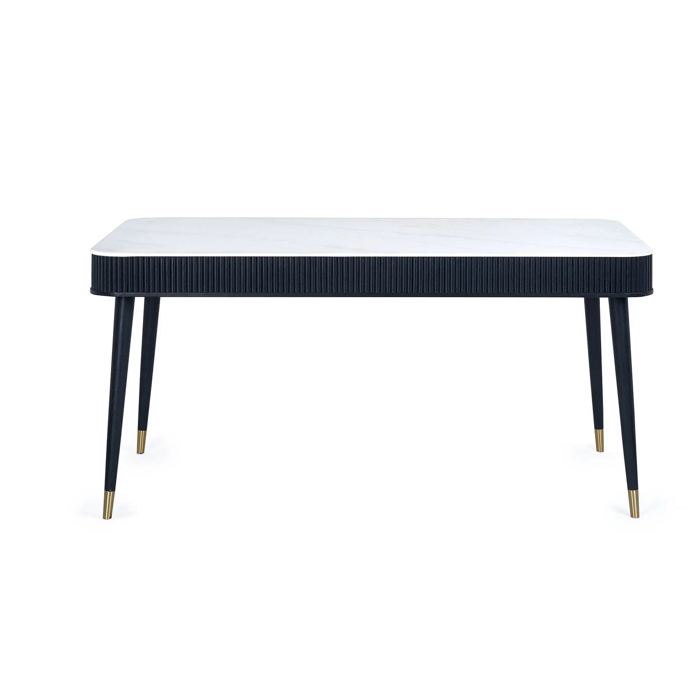 Black fluted dining table with stone top and gold-tipped legs, front view on white background