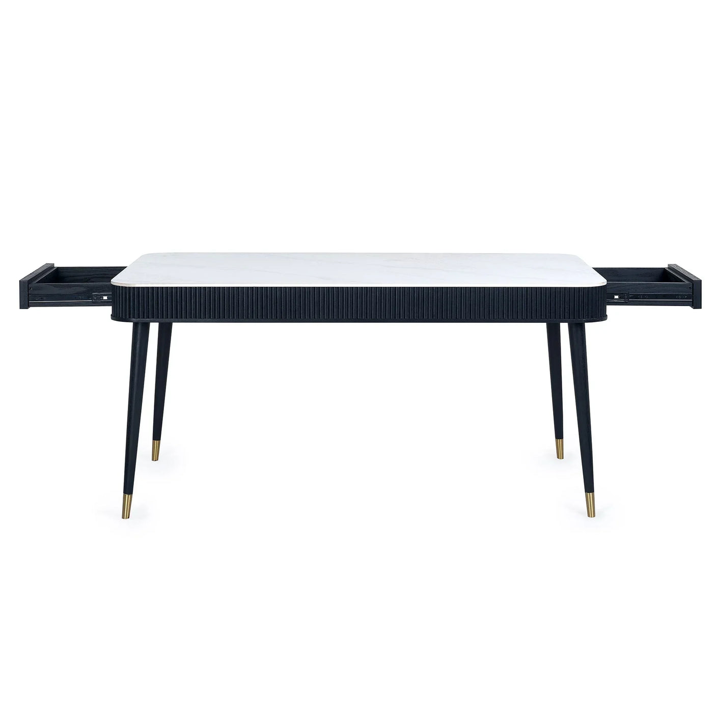 Black fluted dining table with stone top and open side drawers, gold leg accents