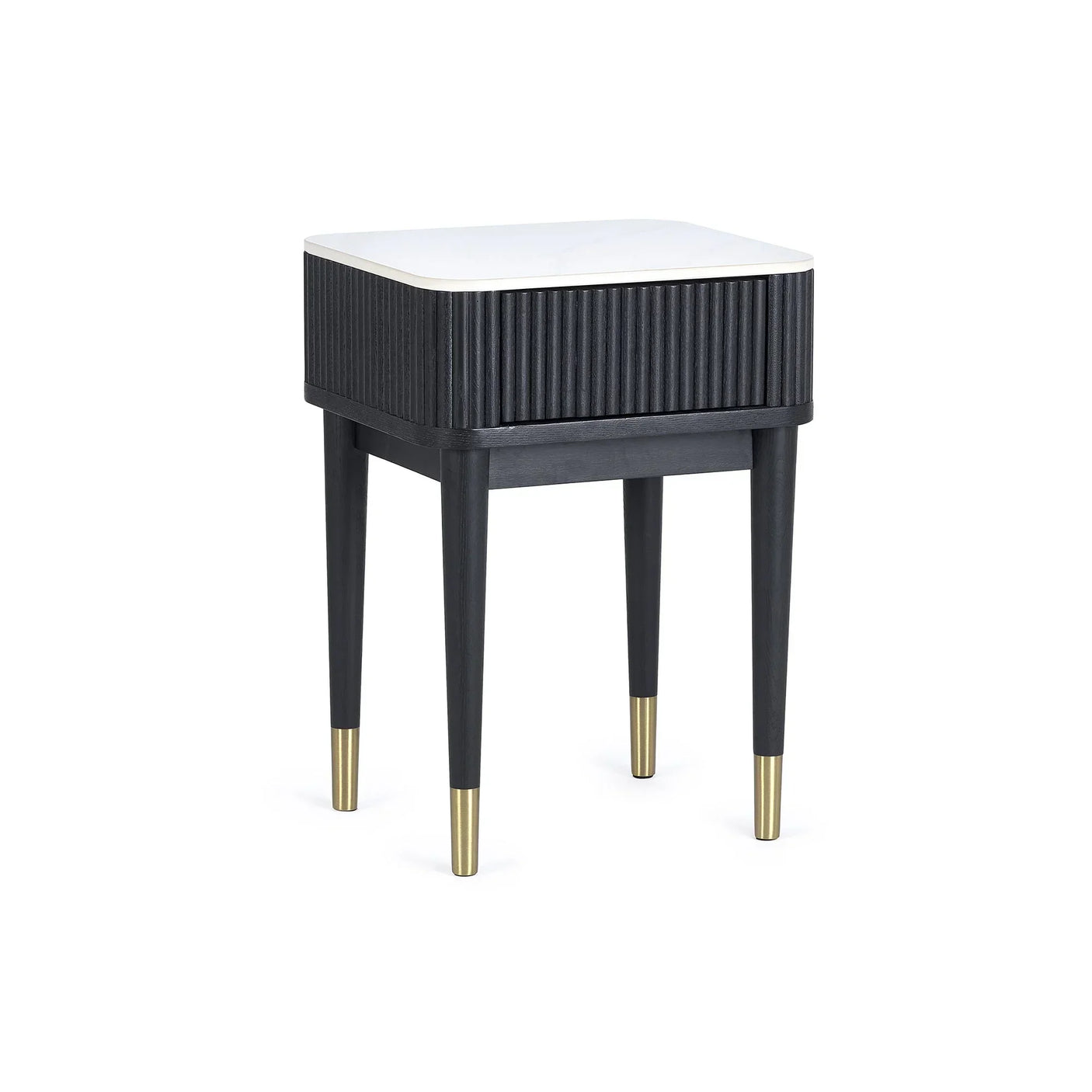 Black fluted lamp table with drawer, white stone top, gold leg accents, front angle view