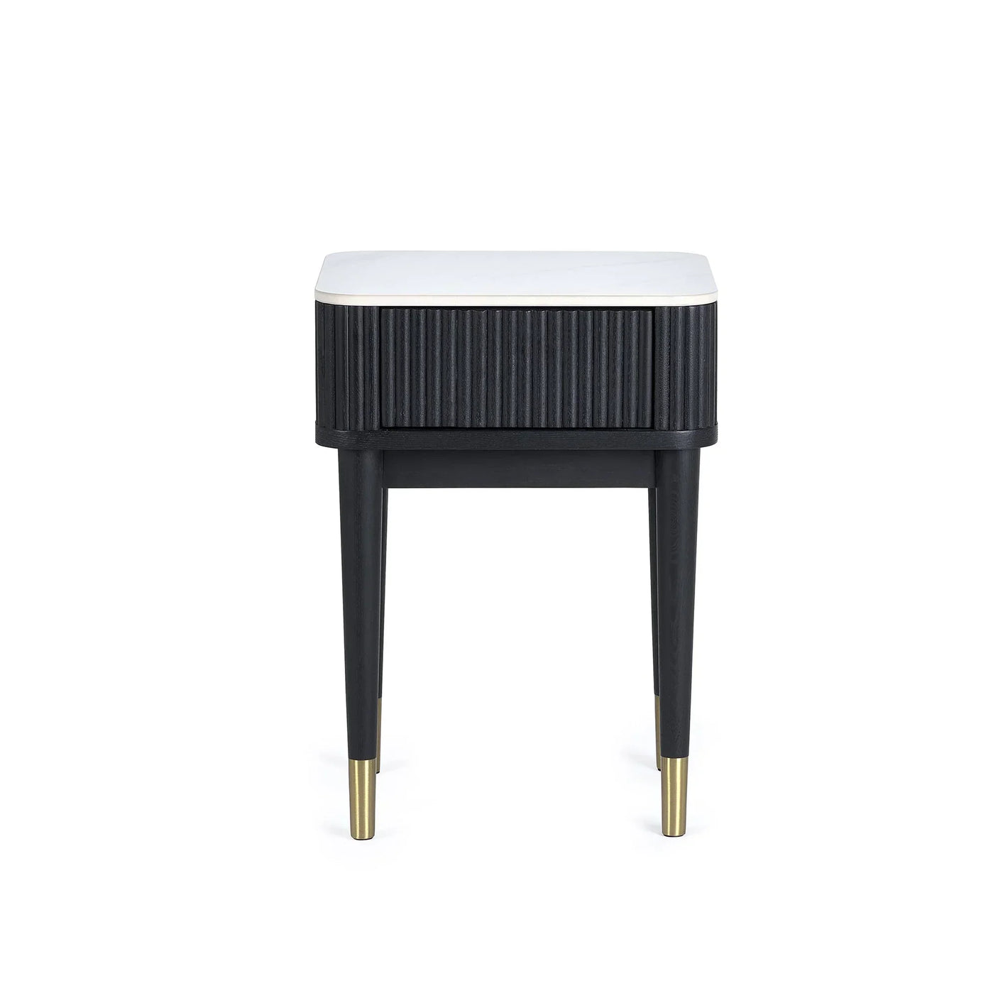 Black fluted lamp table with stone top, single drawer, gold leg tips, front view
