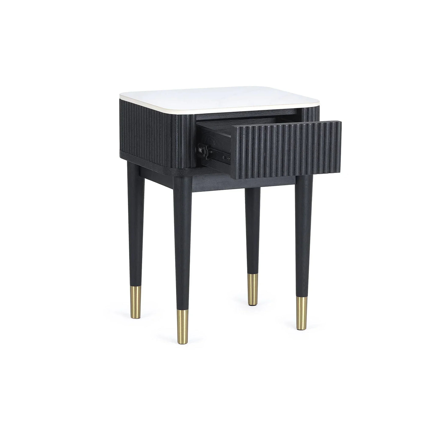 Black fluted lamp table with stone top, single open drawer, and gold-tipped legs