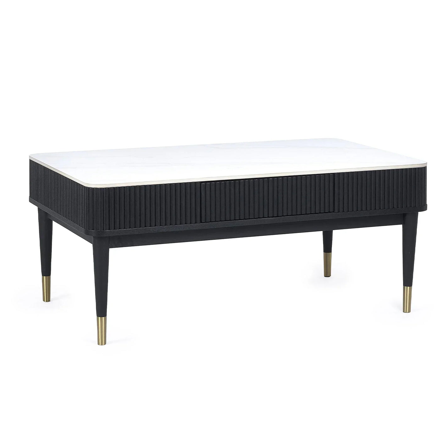Black fluted coffee table with white stone top and gold-capped legs on white background