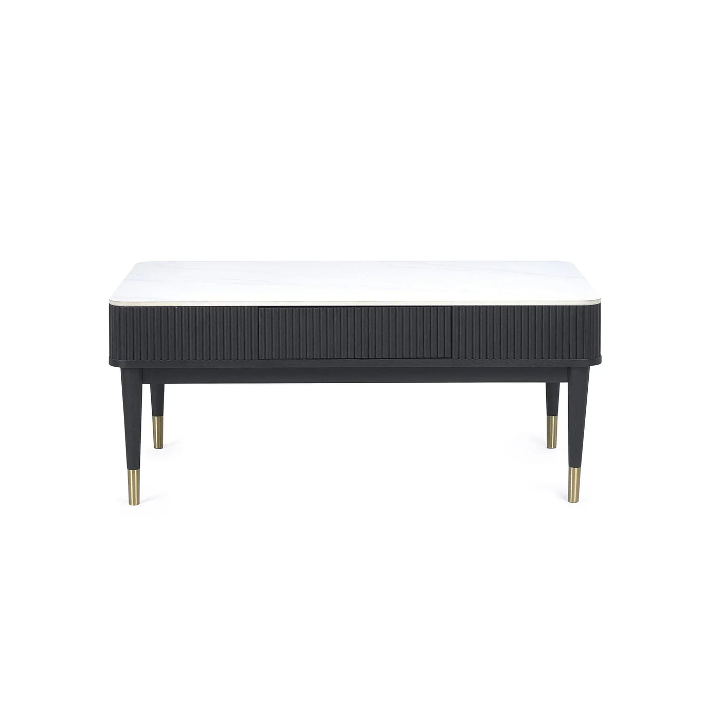 Black fluted coffee table with white stone top and gold leg accents, front view