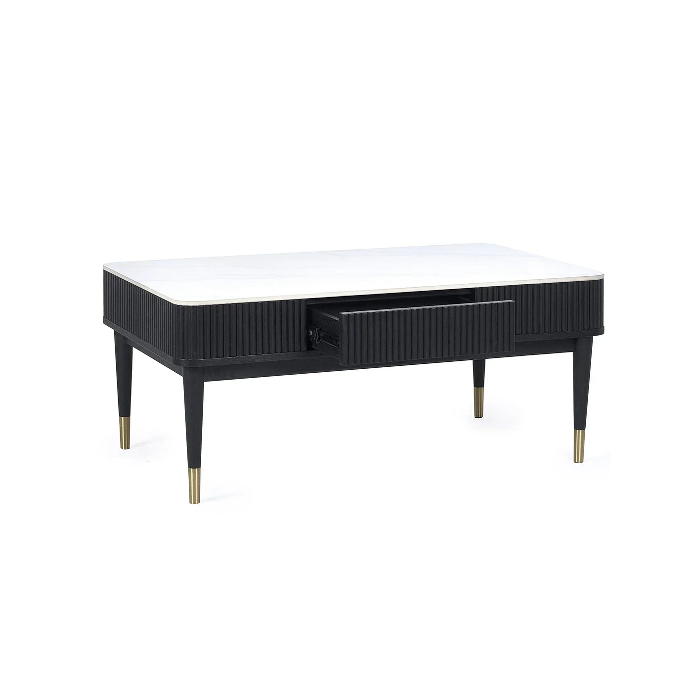 black fluted coffee table with stone top, single open drawer, and gold-tipped legs