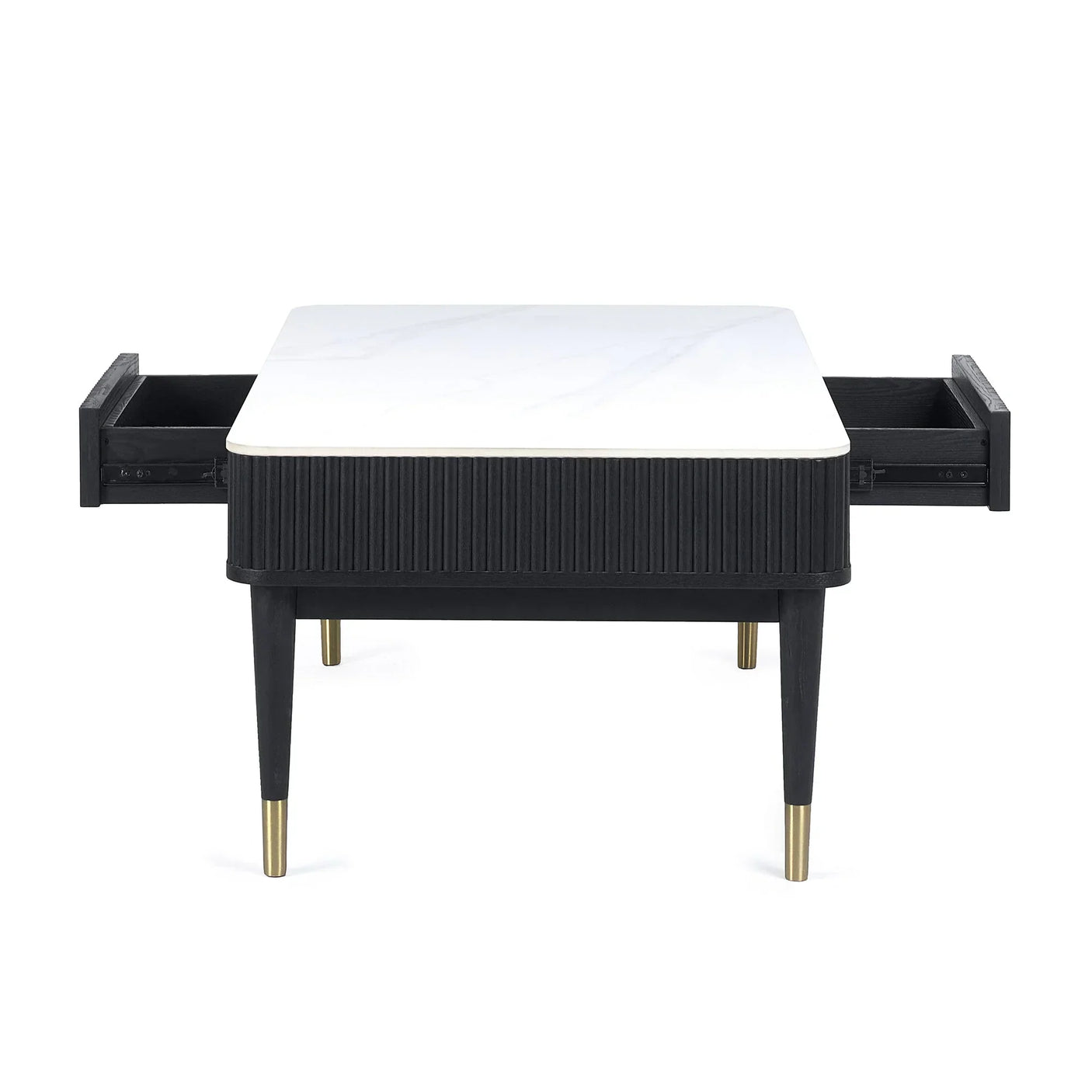 Black fluted coffee table with white stone top and two open side drawers, front view