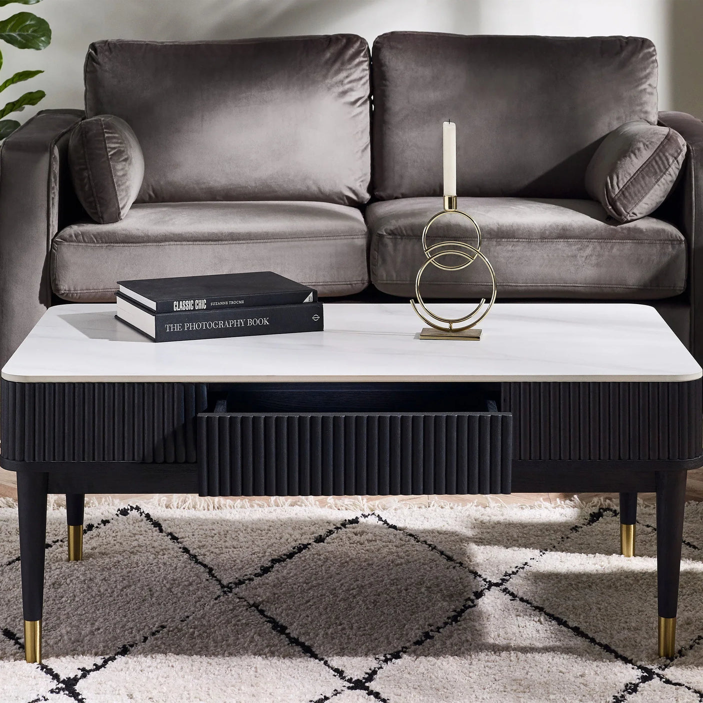 Louis Coffee Table With 2 Drawers - Black and White - LOU003
