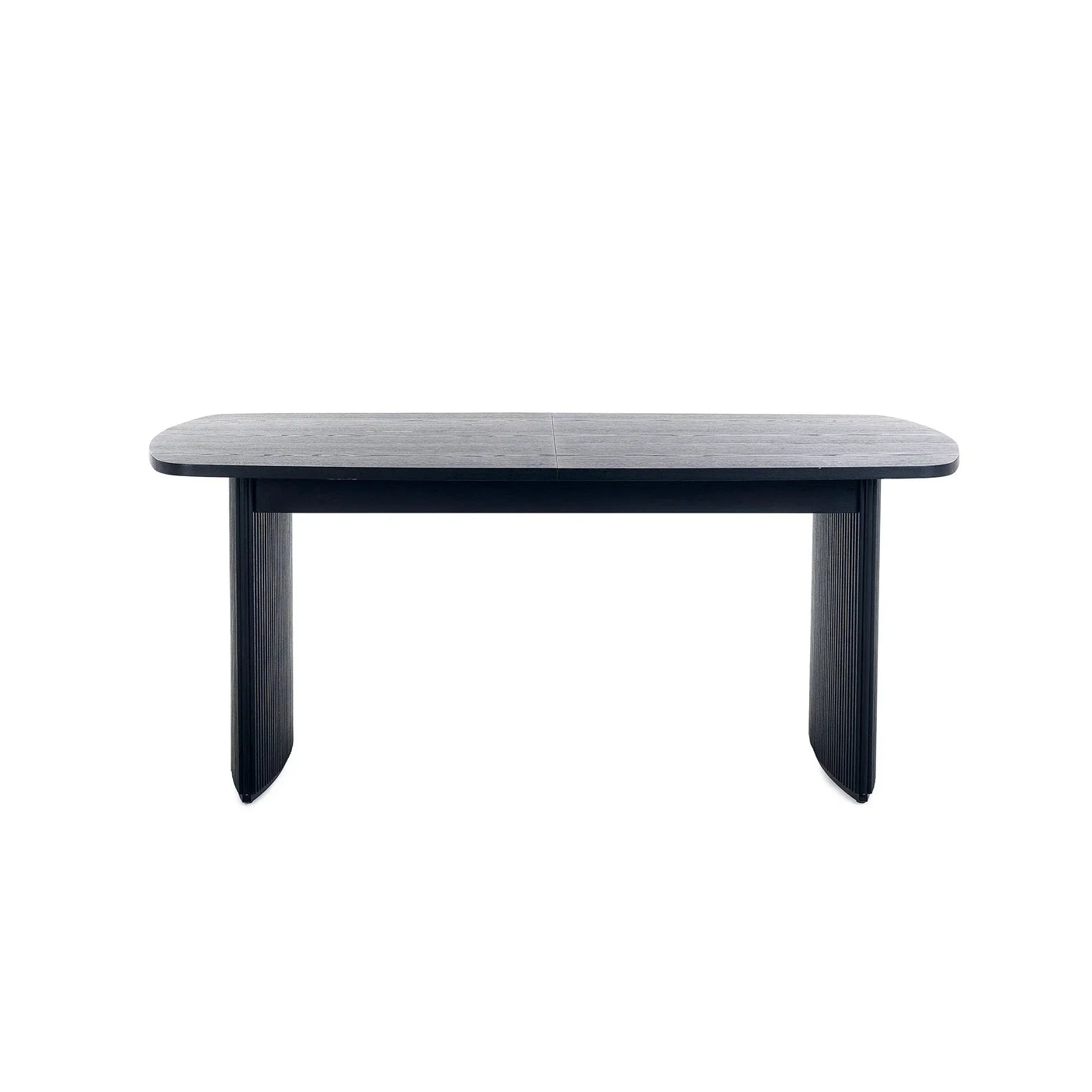 Black fluted extending dining table with rounded corners and wood grain finish, front view