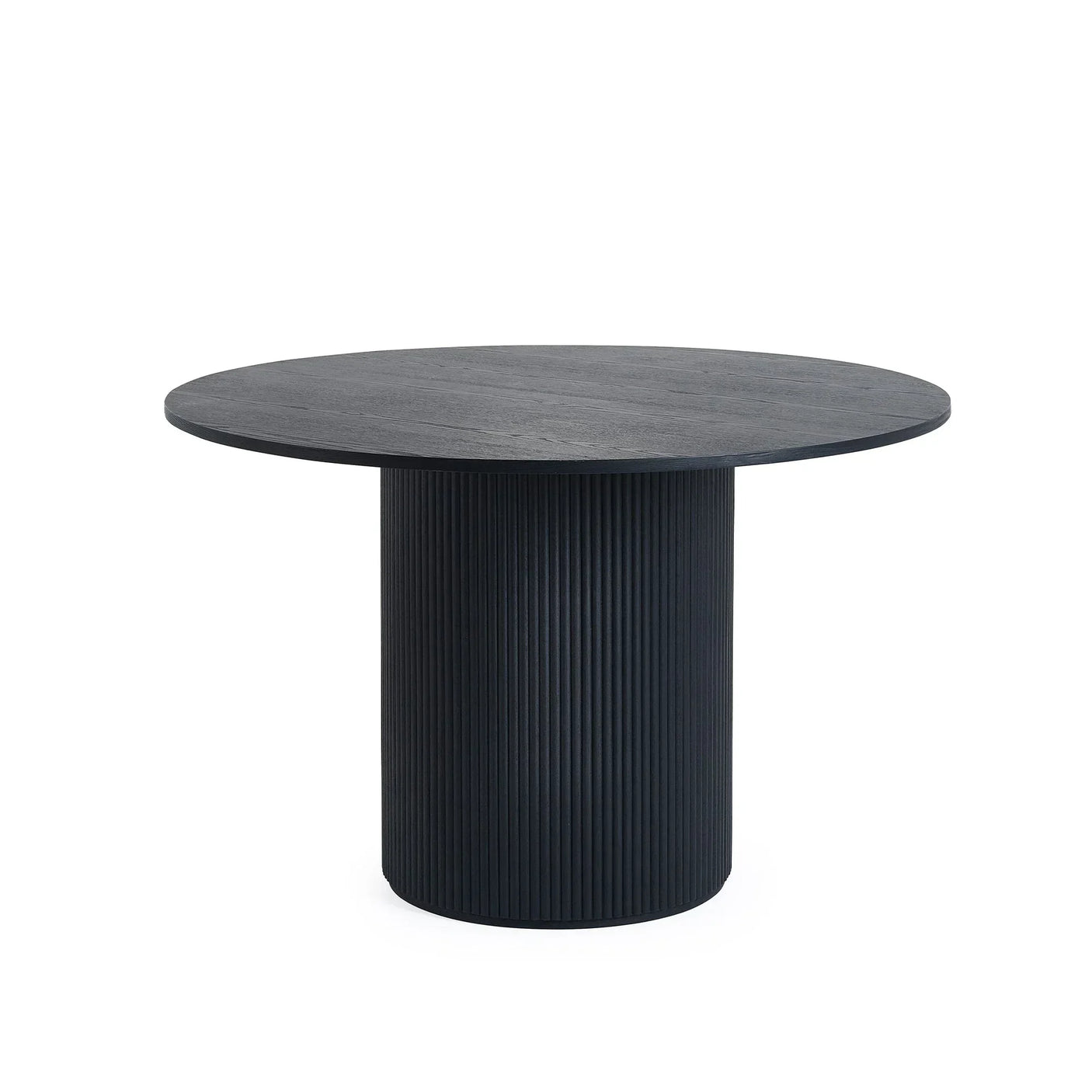 Black fluted round dining table with ribbed pedestal base on white background