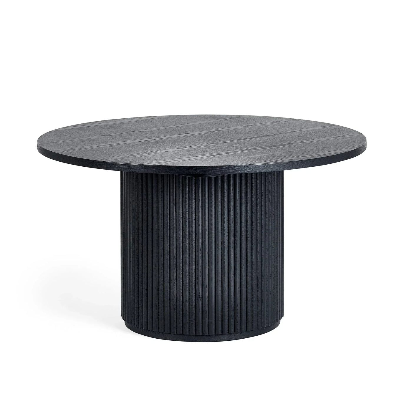 Black fluted round coffee table with ribbed cylindrical base and wood grain top