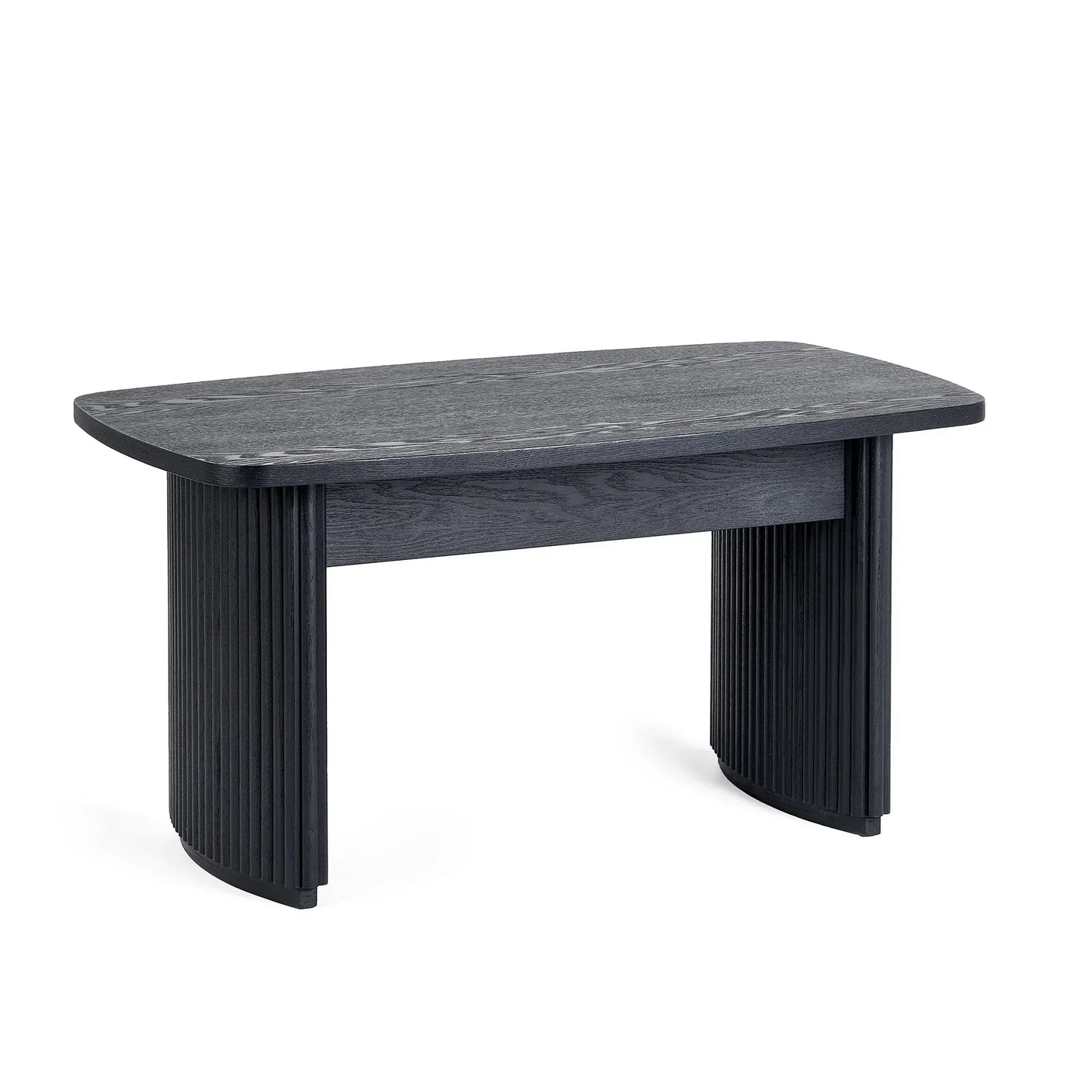 Black fluted compact coffee table with curved edges and textured panel legs on white background
