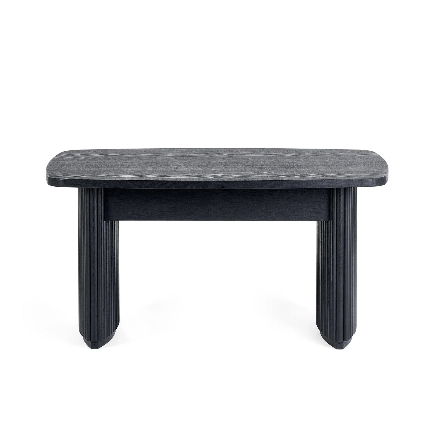 Black fluted compact coffee table with rounded corners and textured wooden legs on white background