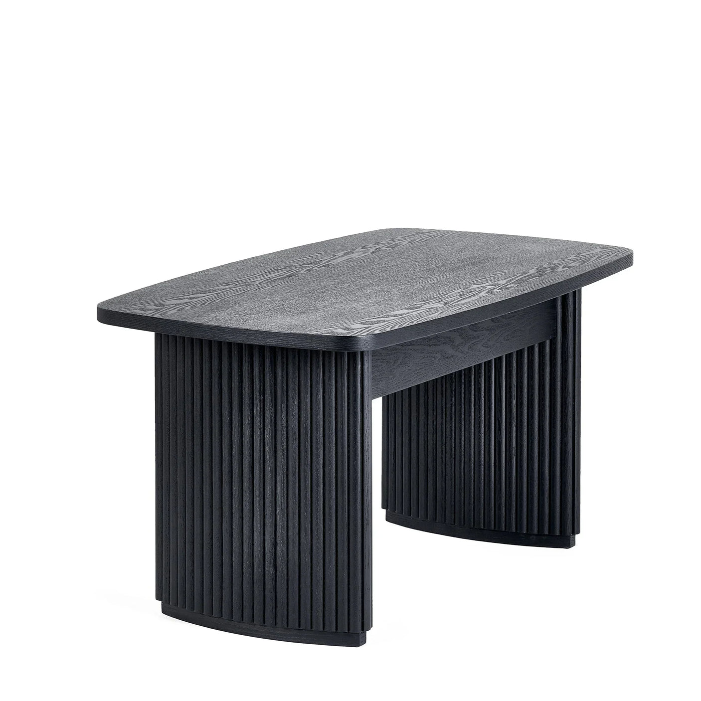 Black fluted compact coffee table with textured wooden top and curved panel legs