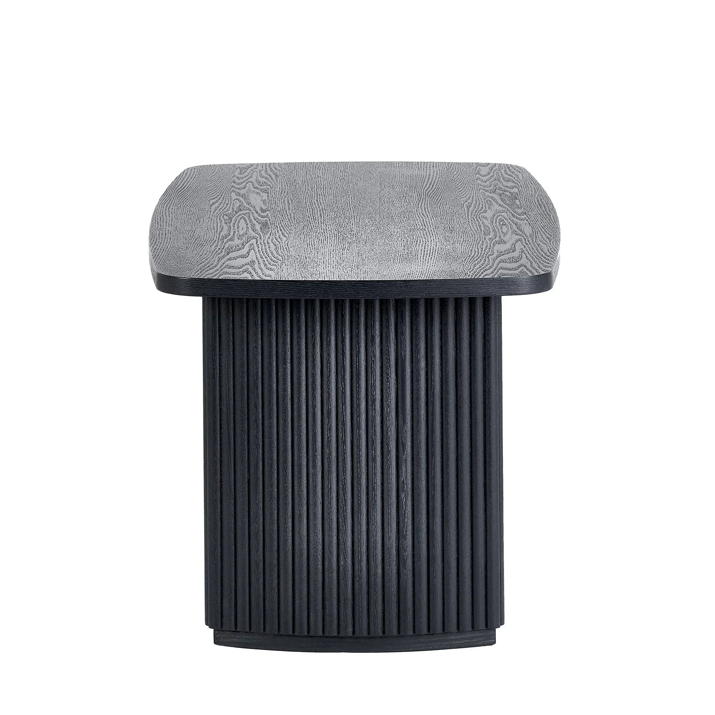 Black compact coffee table with fluted cylindrical base and textured wood top, front view