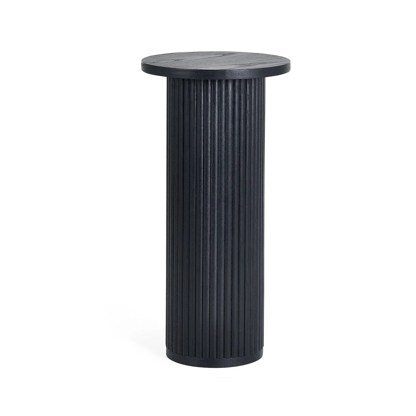 Black fluted drinks table with round top and vertical ribbed base on white background
