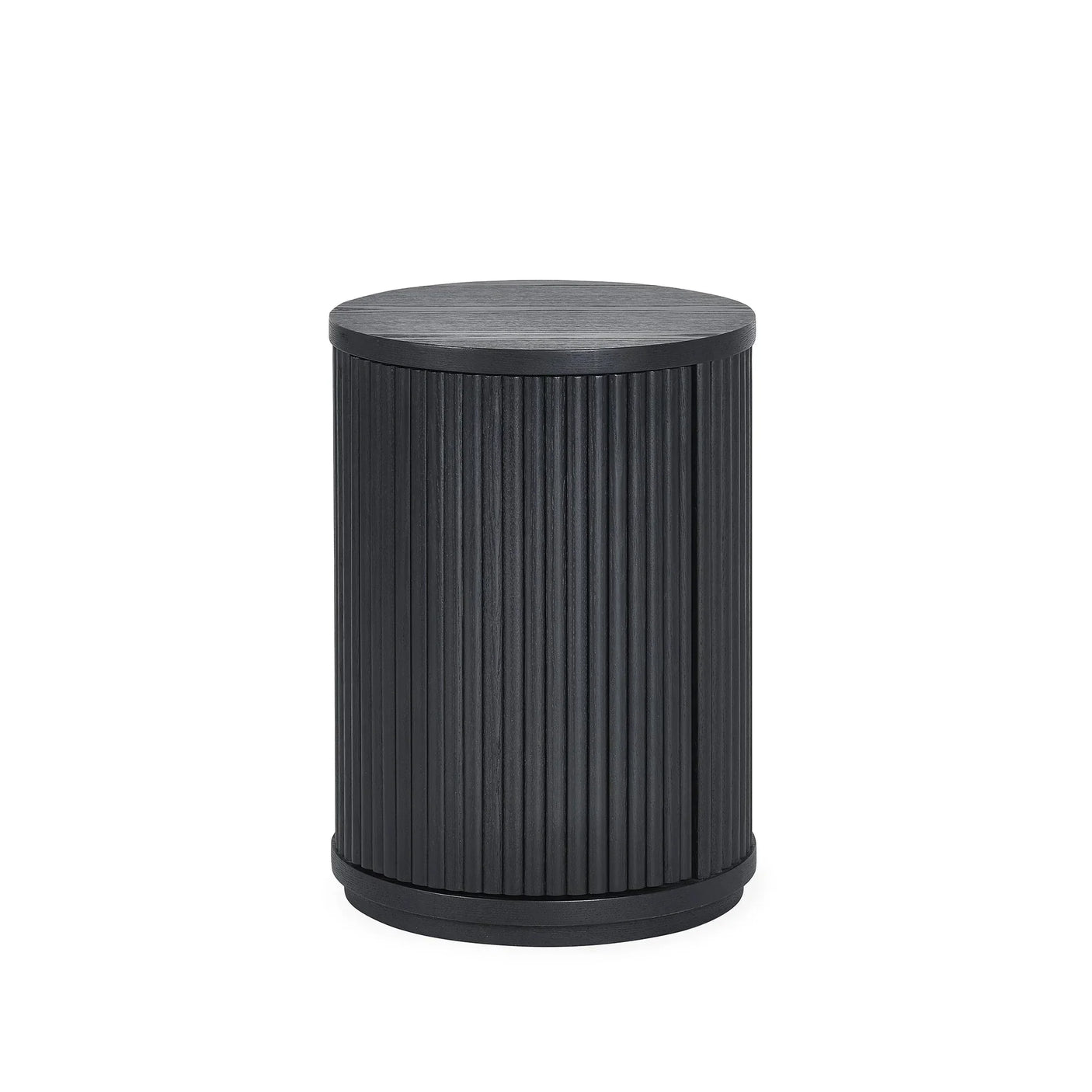 Black fluted side table with round top and vertical grooves on white background
