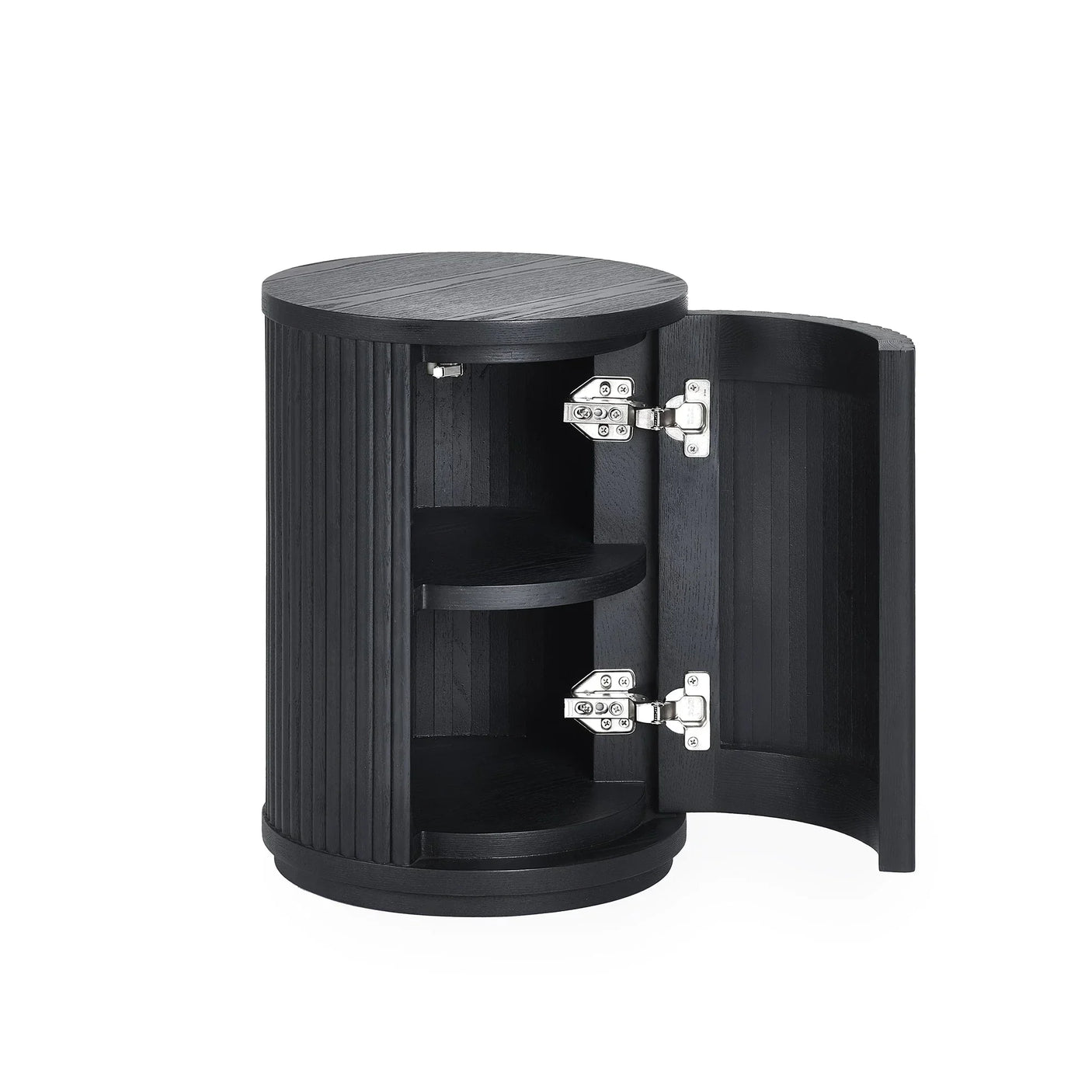 Black fluted side table with open door showing two internal shelves