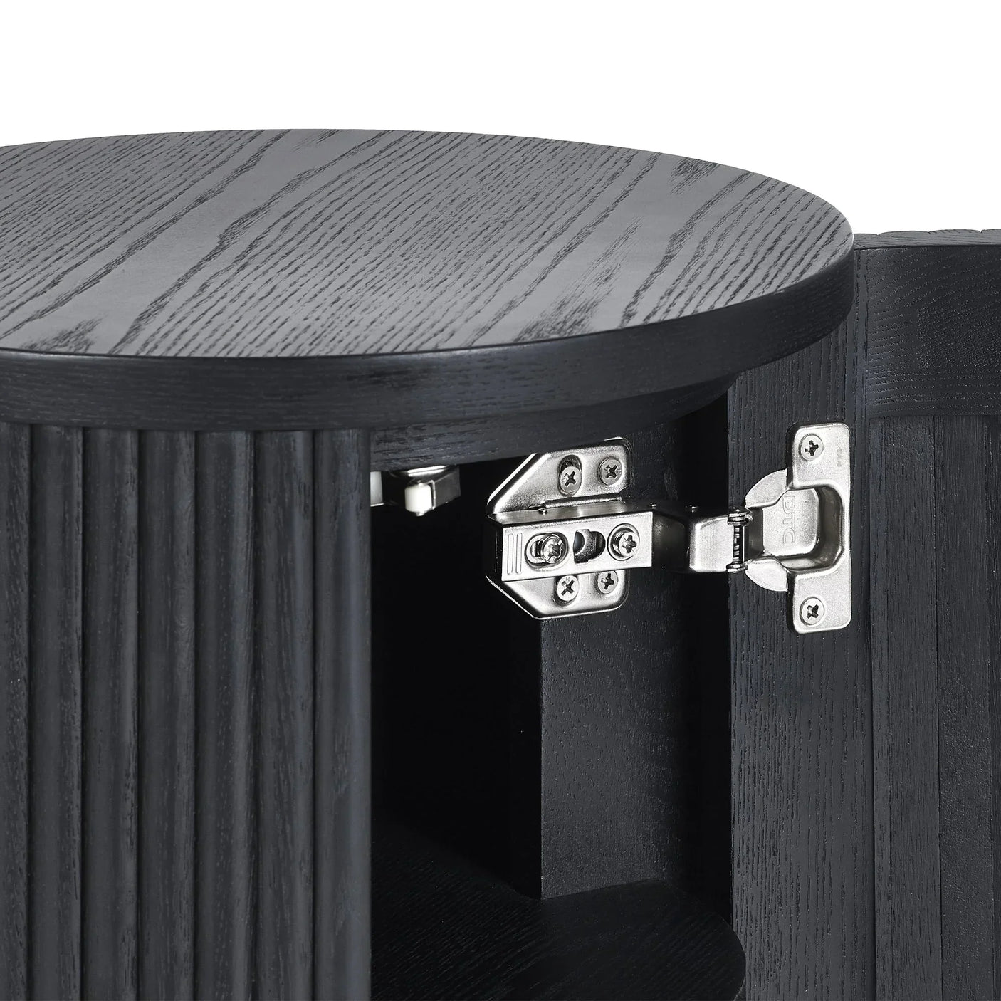 Black fluted side table door hinge detail with visible wood grain and textured finish